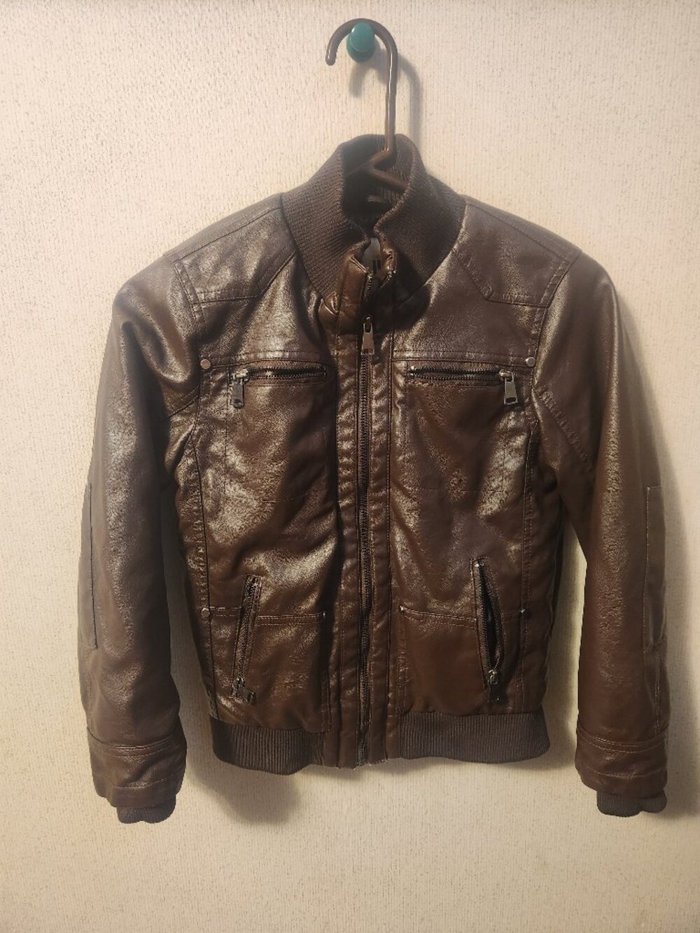 Brown Kids Faux Leather Coat With Fluffy Interior Size 8